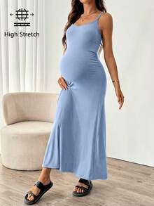SHEIN Vestido de embarazo de unicolor con tirantes finos, ajustado y fruncido, de alta elasticidad y sin mangas - Celeste - Ver 8