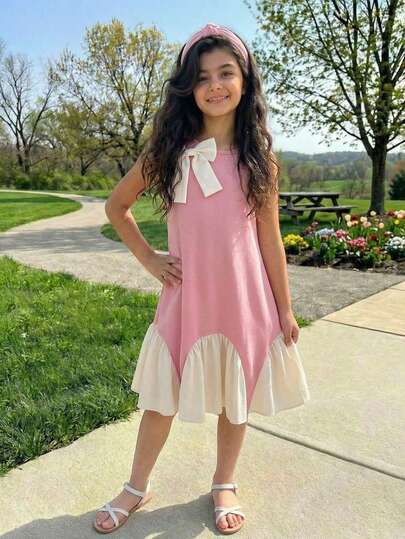 Vestido De Gala For Girls Pink Dusty Pink Kids Dress Bow Neck Dress For Girl Pink Dress With White Trim Girl Pink Bow Dress For Girls Girls Formal Dress Ruffle Hem Dress Kids Girls Party Dress Kids White Bow Dress