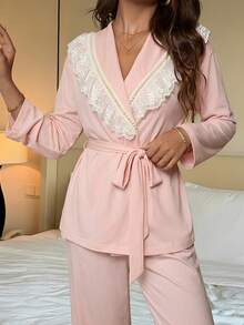 DAZY Charmigt pyjamasset med spets och volangkrage för kvinnor - Rosa - Visa 3