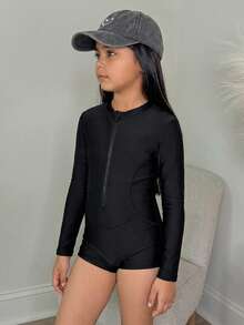 Dazy Kids Tween Girl Solid Color Crew Neck Long Sleeve Zipper Rashguard Swimsuit Diving Suit, Summer,Back To School Clothes Vacation - Black - View 1