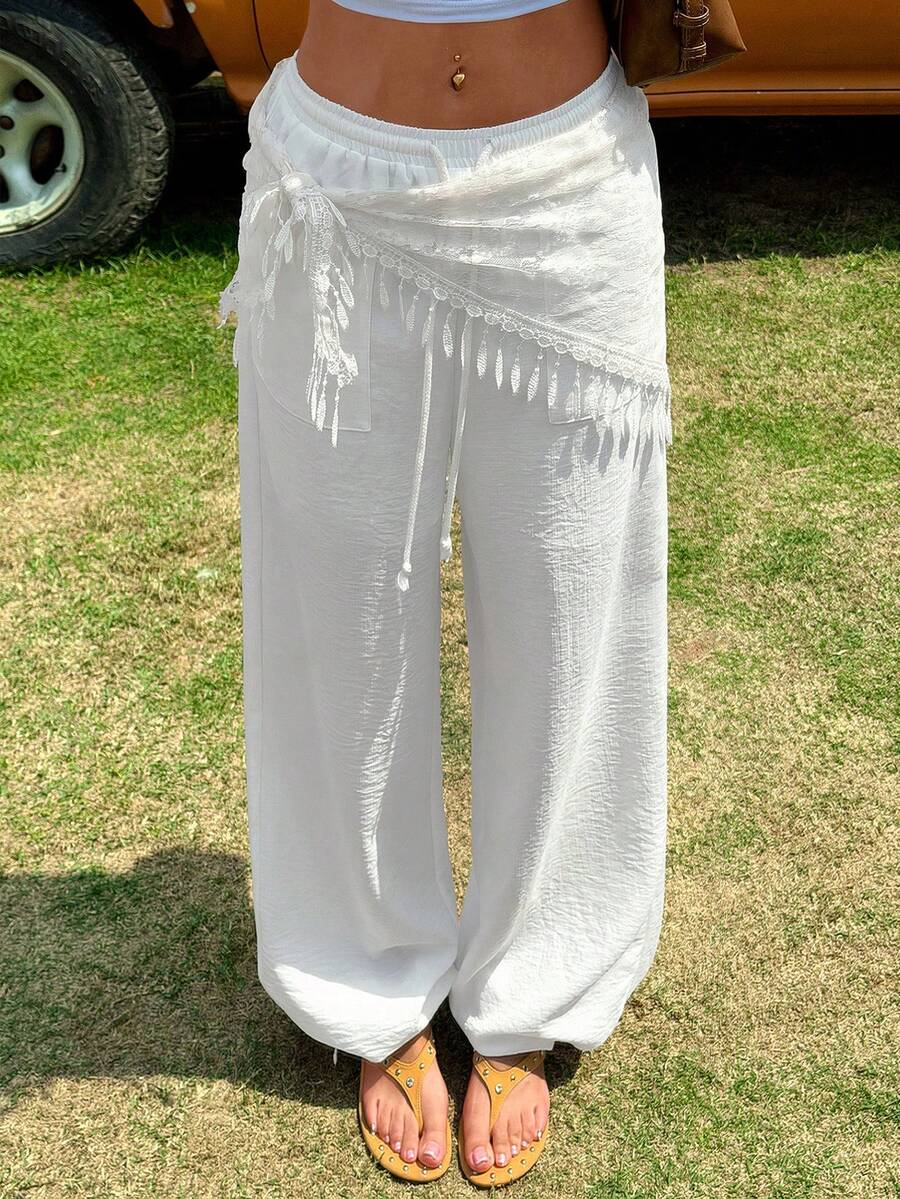 Muchica Women's Casual White Woven Drawstring Loose Pants,Summer/Spring  Outfit For Women,Going Out,Women Vacation Outfit Sets,Country Concert Outfit - White - View 1