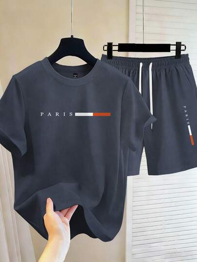 Manfinity Homme 男士户外休闲运动套装，短袖 T 恤和短裤，2 件