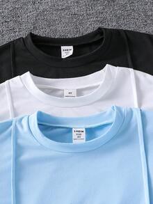 SHEIN 6件套儿童夏季休闲简约时尚圆领T恤短裤套装，包含蓝色、黑色和白色三套儿童短袖短裤套装。款式简约，短袖搭配短裤，日常穿着舒适，适合儿童，活动自如，设计简洁，易于搭配其他配饰或外套，可作为满足日常休闲需求的儿童基本款服装。 - 彩色 - 查看 3