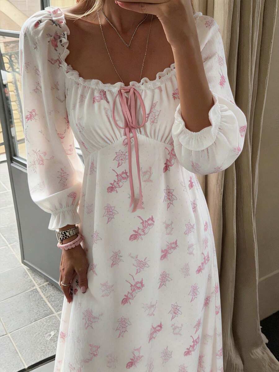DAZY Romantic French Polka Dot & Floral Allover Print Ruffle Trim Open Front Waist Cinched Women Nightgown Pajama - Pink - View 1