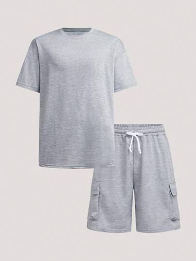 Driftmere 男士休闲宽松浅灰色T恤+工装短裤两件套，男士运动套装，男士短裤套装，男士度假装，夏季假日服装，舒适套装，休闲沙滩度假旅行服