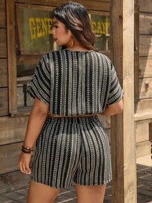 SHEIN LUNE Plus Size Women Striped Print Short Sleeve Top And Shorts 2 Pieces Set, Vacation - White - View 2