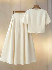 Franclia 女士两件套：纯色珍珠装饰短袖方领上衣和喇叭裙，优雅休闲通勤街头风穿搭，生日派对，婚礼宾客，2026春夏秋季新品 - 杏色 - 查看 2