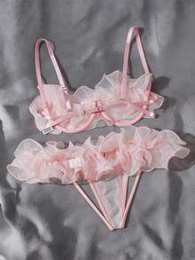 SHEIN 性感女士荷叶边细节网眼内衣套装，适合外出穿着 - 淺粉色 - 查看 2