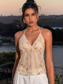 Lucivie Blusa casual y elegante, sexy y vintage de color beige con escote halter profundo en V, adornada con lentejuelas - Blusa brillante para fiestas de verano, top corto chispeante y seductor para citas, adecuado para uso diario, atuendo de oficina, vacaciones relajantes, citas románticas, días escolares, vacaciones en la playa - Dorado - Ver 11