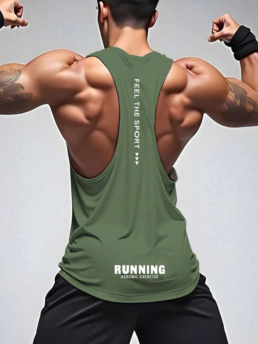 GymBeat 男士字母印花露背背心 - 軍綠色 - 查看 1