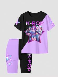 2件組 Y2K 風格紫色夏季 80年代 K-POP 彩色字母與星星印花圓領短袖 T 恤與短褲套裝，適合前青春期女孩，K-Pop 穿搭 - 彩色 - 查看 2