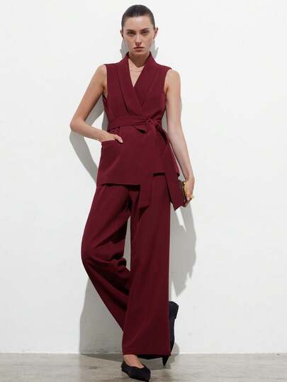 Aveloria Modichic Women's Set Suit Fabric Slim Fit Sleeveless V-Neck Tie Waist With Large Pockets High Waist Straight Wide Leg Pants Minimalist Business Work Outfits For Women Office Outfits For Women Elegant Women's Set Business Professional Women Women's Dress Pants