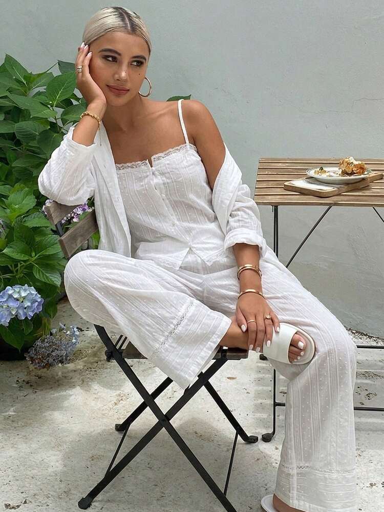 Tall Women's Textured Camisole And Loose Cardigan With Relaxed Fit Wide Leg Pants 2 Pieces Set