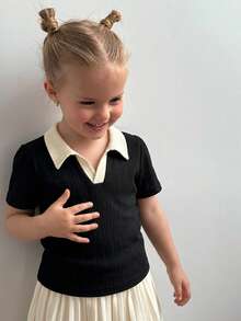 Dazy Kids قميص كاجوال قصير الأكمام للفتيات المراهقات، متعدد الاستخدامات، ألوان متباينة في الياقة، صيفي، عودة إلى المدرسة - الأسود - مشاهدة 4