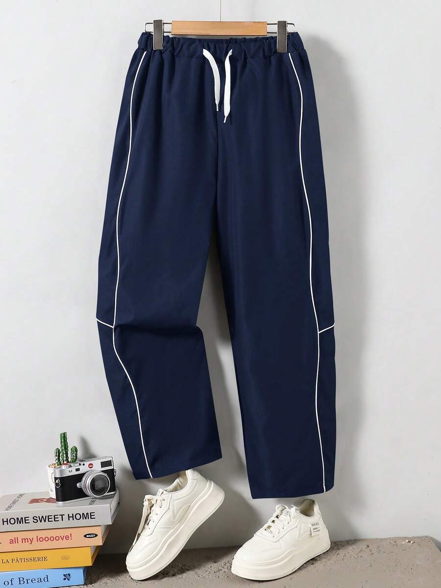 SHEIN Mirajuku 黑色休闲抽绳宽松直筒工装裤，适合青少年和夏季街头服饰 - 藍色 - 查看 1