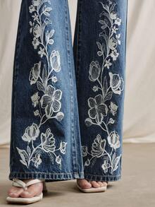 Anewsta Quần jeans ống đứng thêu hoa phong cách lãng mạn mới dành cho nữ, mùa xuân/hè. - Rửa tối - Xem 1