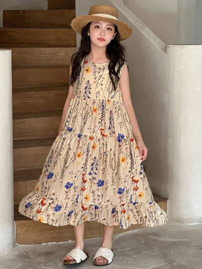 Dazy Kids Tween Girls' Sleeveless Ditsy Floral Dress, Summer Vacation Easter