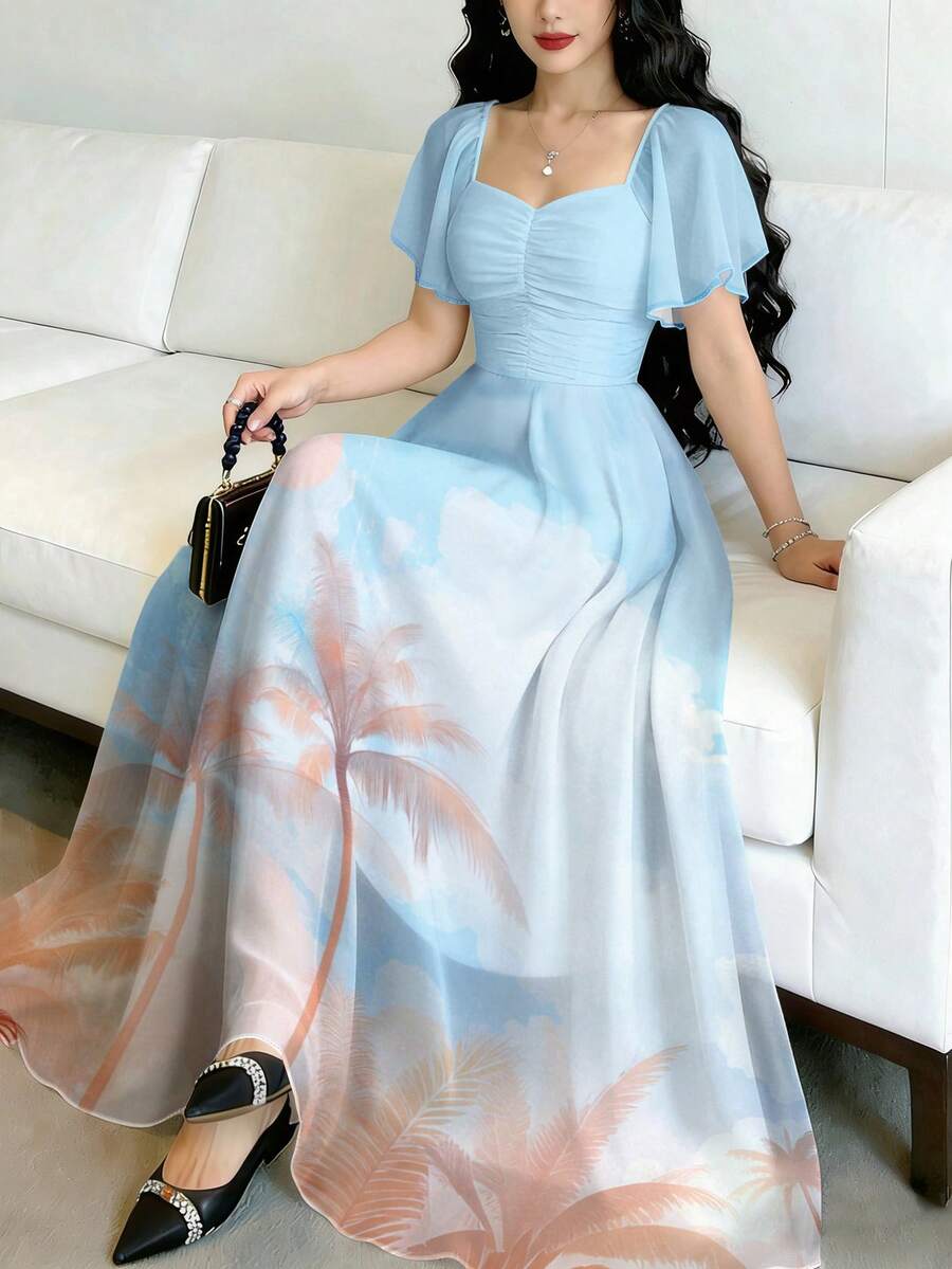 Modelyn 椰树风景印花时尚方领短袖设计女士简约长连衣裙，夏季收腰优雅长裙，适合夏季度假和日常穿着 - 彩色 - 查看 1