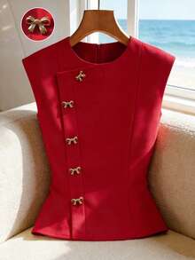 Franclia 简约纯色圆领修身无袖背心，饰有金属蝴蝶结，适合女性穿着；红色女士上衣，女士度假装；优雅女士；无袖上衣；情人节。时尚休闲通勤装、商务办公装、百搭时尚日常休闲装、都市教师职业装。 - 紅色 - 查看 1