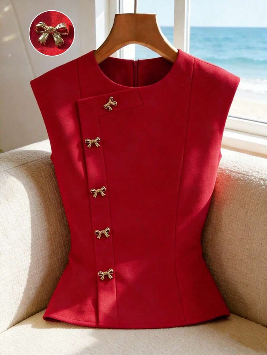 Franclia 简约纯色圆领修身无袖背心，饰有金属蝴蝶结，适合女性穿着；红色女士上衣，女士度假装；优雅女士；无袖上衣；情人节。时尚休闲通勤装、商务办公装、百搭时尚日常休闲装、都市教师职业装。 - 紅色 - 查看 1