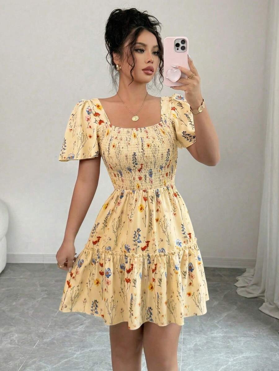 Rafferiza Women's Elegant Square Neck Flare Sleeve Ruffle Hem Short Dress, Summer - Light Yellow - View 1