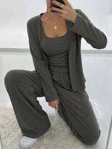 DAZY 3pcs Casual Knitted Ribbed Tank Top & Robe & Pants Loungewear Set, Fall Winter Clothes Pajama, Cozy Outfit - Grey - View 2