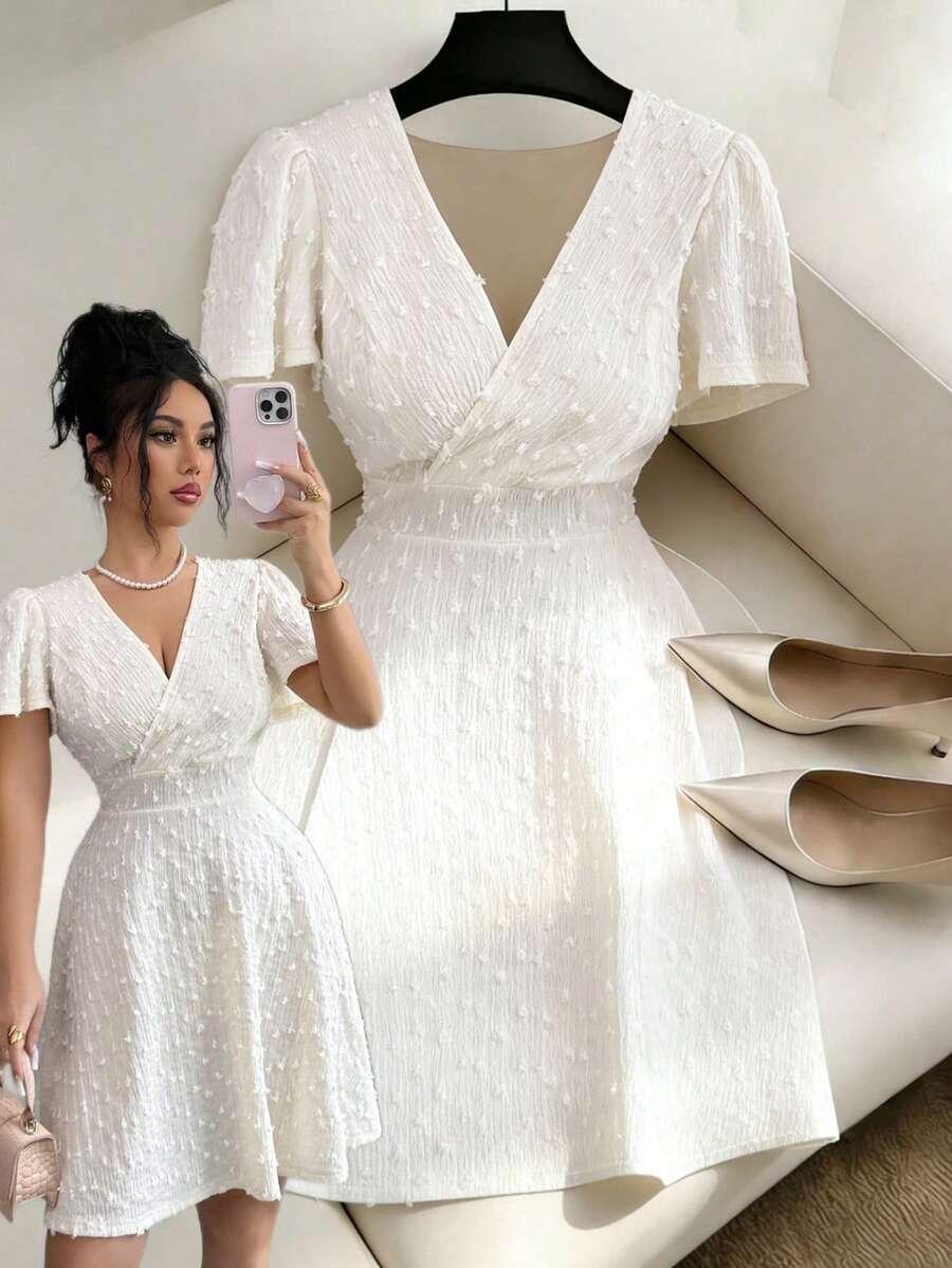 Elenzga Women's Polka Dot Textured Fabric Crossover V-Neck A-Line Short Dress, Casual Vacation Daily Date Outfit - Apricot - View 1