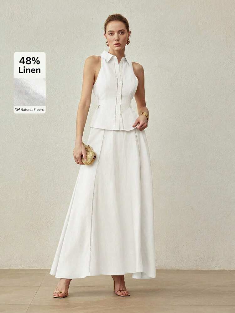 ELEGANT MINIMALIST LINEN FLARE LONG SKIRT, SPRING/SUMMER