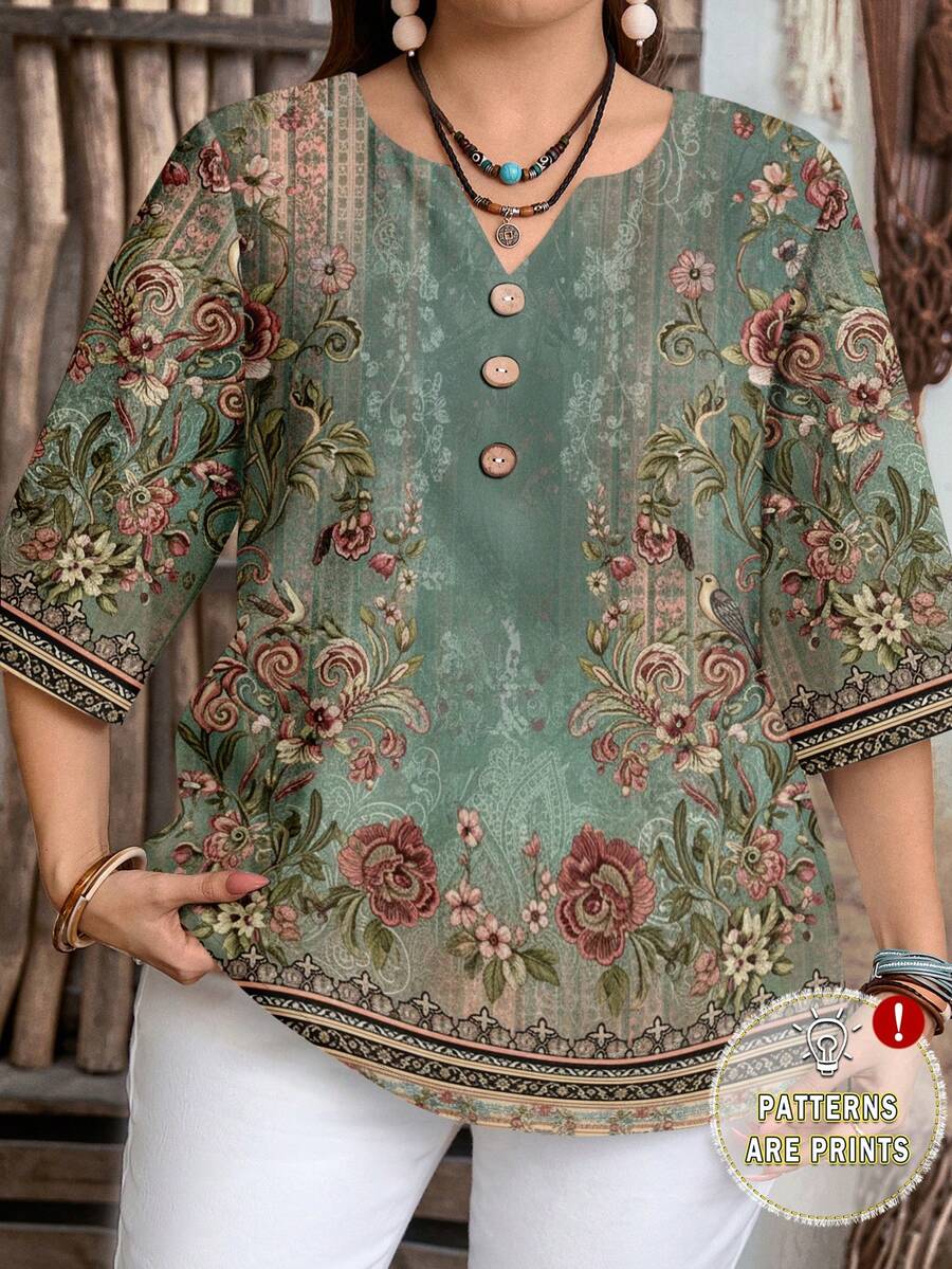 EMERY ROSE Women's Casual Minimalist Green Paisley Floral Placement Print 3/4 Sleeve Shirt, Suitable For Spring And Summer - Multicolor - View 1