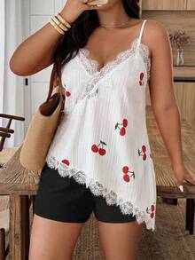 Weeklong Plus Size Women's Elegant Casual Vacation Sleeveless Top, Featuring Hollow-Out Lace Patchwork, Textured Cherry Fruit Print, And Asymmetric Hem, Suitable For Spring/Summer - Multicolor - View 1