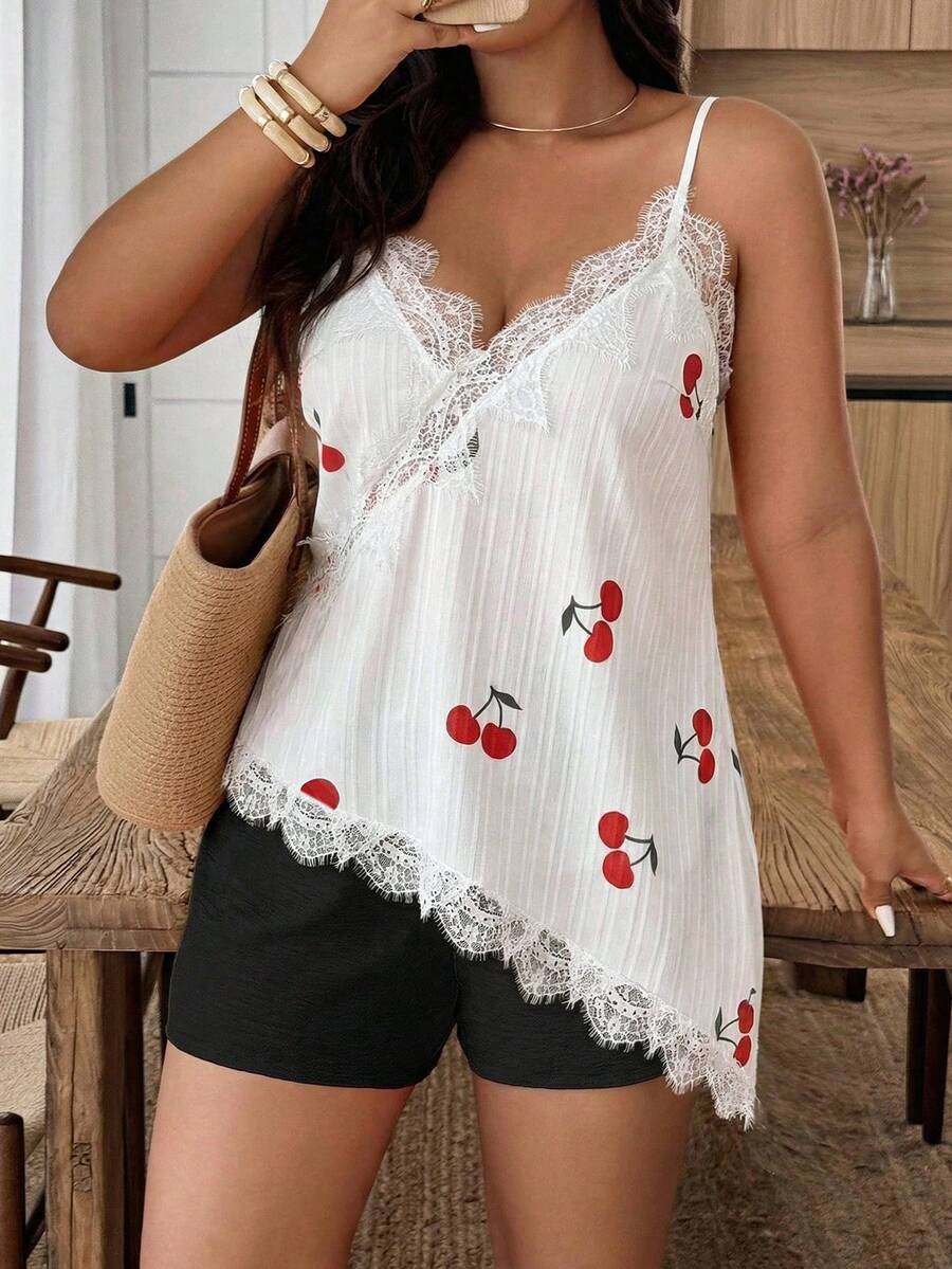 Weeklong Plus Size Women's Elegant Casual Vacation Sleeveless Top, Featuring Hollow-Out Lace Patchwork, Textured Cherry Fruit Print, And Asymmetric Hem, Suitable For Spring/Summer - Multicolor - View 1