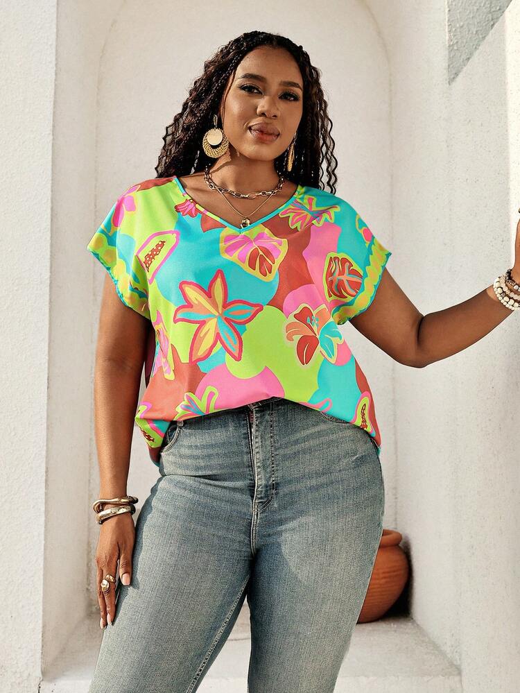 Plus Size Women Tropical Print V-Neck Casual Blouse, Summer Outfit For Women ,Spring Outfit Women,Holiday Outfits For Women