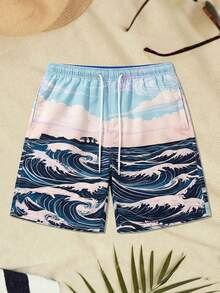 Manfinity Swimmode 男士波浪印花抽绳腰带沙滩短裤 - 彩色 - 查看 2