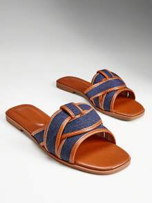 SHUZIA Sandal đế bằng kiểu dáng thanh lịch dành cho nữ, kiểu dáng đan chéo. - Màu xanh hải quân - Xem 3