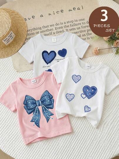 3件套婴幼儿女童（6个月-2-3岁）甜美时尚/清新爱心+水钻蝴蝶结印花短袖T恤，轻盈百搭，适合日常穿着、上学、生日派对、野餐、儿童节、春夏秋季等场合。