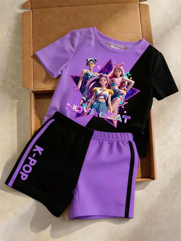 1 Set Niñas Bebé Casual Moda Lindo Estampado de Dibujos Animados K-POP Niña Contraste de Color Morado y Negro Camiseta de Manga Corta y Conjunto de Pantalones Cortos, Adecuado para Uso al Aire Libre en Verano