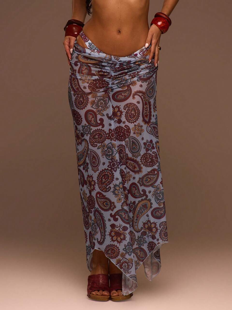 Gathered Mesh Print Flowy Maxi Skirt Cover Up Summer Swim Beach Vacation Everyday Sexy Cute Boho Travel Sunspell Holiday
