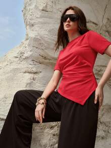 MOTF PREMIUM COTTON ASYMMETRIC HEM RUCHED CREW NECK SHORT SLEEVE T-SHIRT, SPRING/SUMMER - Red - View 4