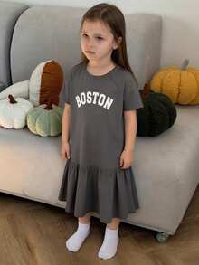 DAZY Tween Girls Round Neck Letter Print Short Sleeve Knit Dress, Fall Summer - Grey - View 4