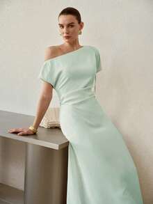 MOTF PREMIUM ELEGANT ASYMMETRICAL NECK LONG DRESS FOR WOMEN - Mint Green - View 3