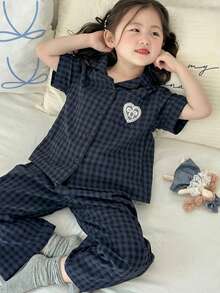 Dazy Kids Girls' Plaid Embroidered Long Sleeve Top And Pants Loungewear Set, Fall - Navy Blue - View 3