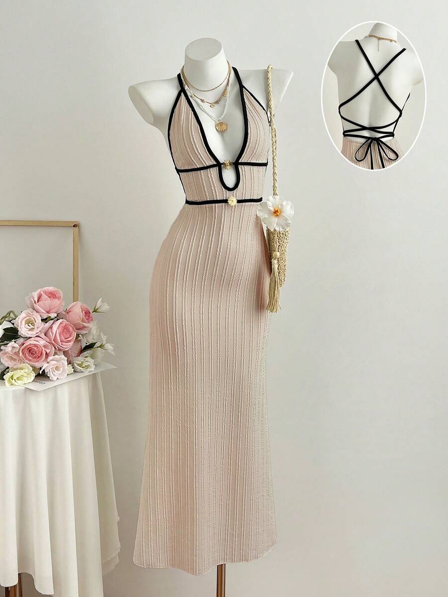 Elamini Women's Apricot Textured Jacquard Deep V-Neck Backless Fitted Maxi Casual Vacation Dress - Khaki - View 1