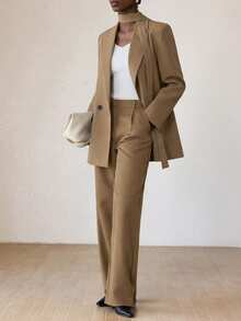 Aveloria Modichic Women's Lapel Collar Loose Long Sleeve Blazer And Wide Leg Pants Suit Set - Light Grey - View 5