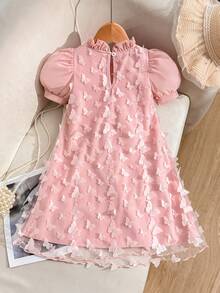 SHEIN Elladie kids 女童香槟色复古风连衣裙，雪纺泡泡袖+3D蝴蝶结大蝴蝶结公主薄纱裙，适合生日派对、钢琴演奏会、日常休闲穿着 - 粉色 - 查看 2