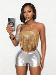 Mistrie 女士音乐节吊带背心，女士金属金色亮面吊带背心，女士流苏性感音乐节吊带背心 - 金色 - 查看 7