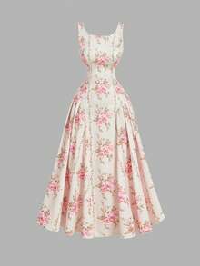 SHEIN MOD Cream Base Pink Floral Print Square Neck Midi Dress With Oversized Back Bow – Vintage Inspired, Fitted Bodice And Flowing Skirt, Elegant Court Style, Dreamy Romantic Women's Summer And Spring Dress For Date, Party, Spring Break, Vacation, Picnic, Festival, Birthday,Pink Dress Beach Dresses Wedding Guest Dress For Women Wedding Party Dress Graduation Dress Vacation Outfits Women Holiday Dresses Country Concert Outfit - Pink - View 2