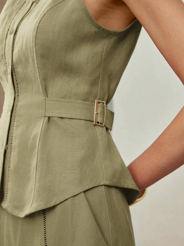 LINEN SLEEVELESS SHIRT WITH METAL BUCKLE WAIST STRAP DECOR, SLIM FIT, SPRING/SUMMER