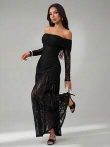 SHEIN PETITE 黑色蕾丝露肩长袖连衣裙，性感优雅，适合正式场合、鸡尾酒会、浪漫约会、秋冬季叠穿、派对、夜店、婚礼、万圣节、圣诞节等场合。露肩正式礼服，婚礼宾客礼服，女士黑色蕾丝长袖连衣裙，优雅女士连衣裙，黑色连衣裙 - 黑色 - 查看 4