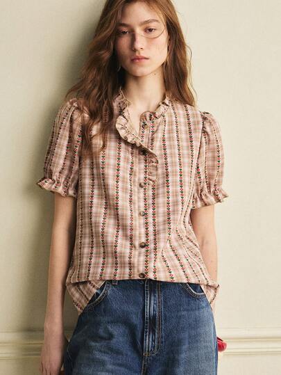 Écloséra 优雅通勤百搭休闲日常短袖撞色荷叶领刺绣复古格纹印花女式衬衫上衣，春夏款