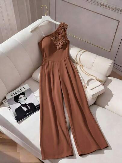 Tween GirlsCasual Loose Jumpsuit With 3D Floral Decor, Suitable For Spring, Summer, Autumn Daily Wear, Commuting, Back To School